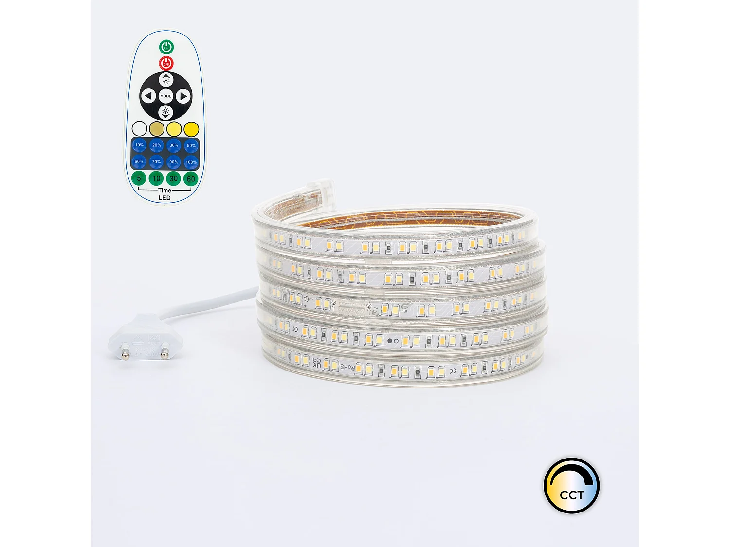 Ruban LED CCT 220V 120 LED/m 10W/m 900lm/m Largeur 14mm Coupe 100cm IP65 Sur mesure 20 m