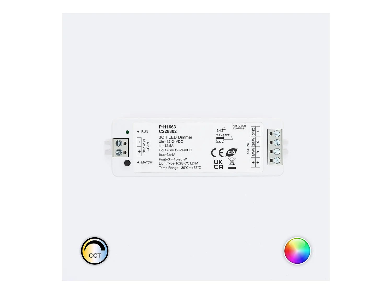 Controller Regolatore LED 12/24V DC per Striscia LED Monocolore/CCT/RGB compatibile con Telecomando RF Monocolore / CCT / RGB