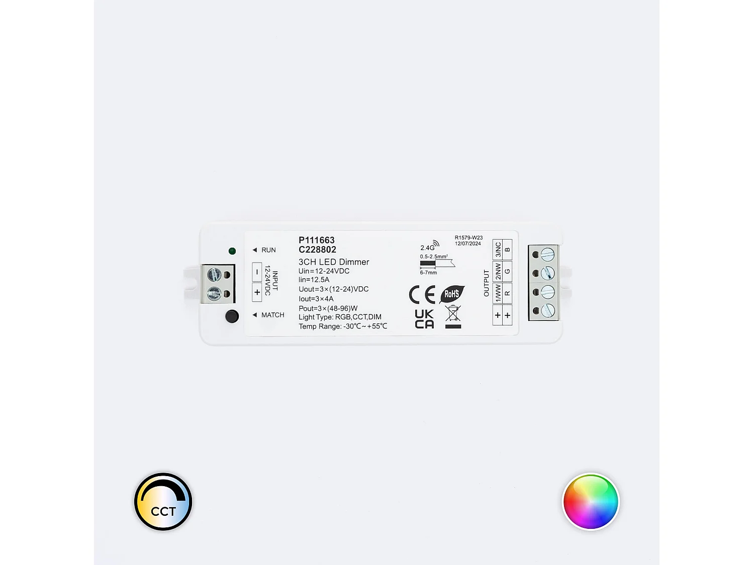 Contrôleur Variateur LED de dernière génération 12/24V DC pour Ruban LED Monochrome/CCT/RGB, compatible avec Télécommande RF Monochrome/CCT/RGB