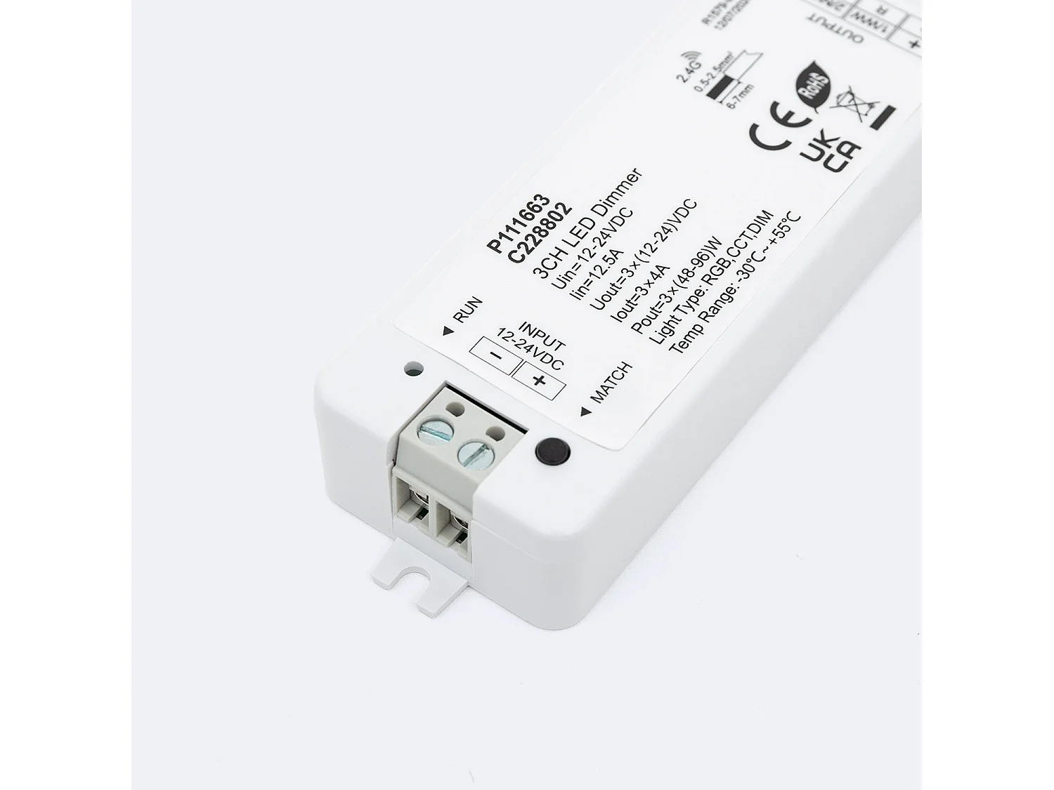 Contrôleur Variateur LED de dernière génération 12/24V DC pour Ruban LED Monochrome/CCT/RGB, compatible avec Télécommande RF Monochrome/CCT/RGB