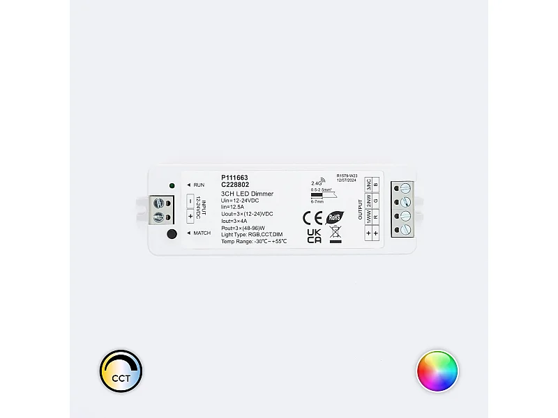 Contrôleur Variateur LED de dernière génération 12/24V DC pour Ruban LED Monochrome/CCT/RGB, compatible avec Télécommande RF Monochrome/CCT/RGB