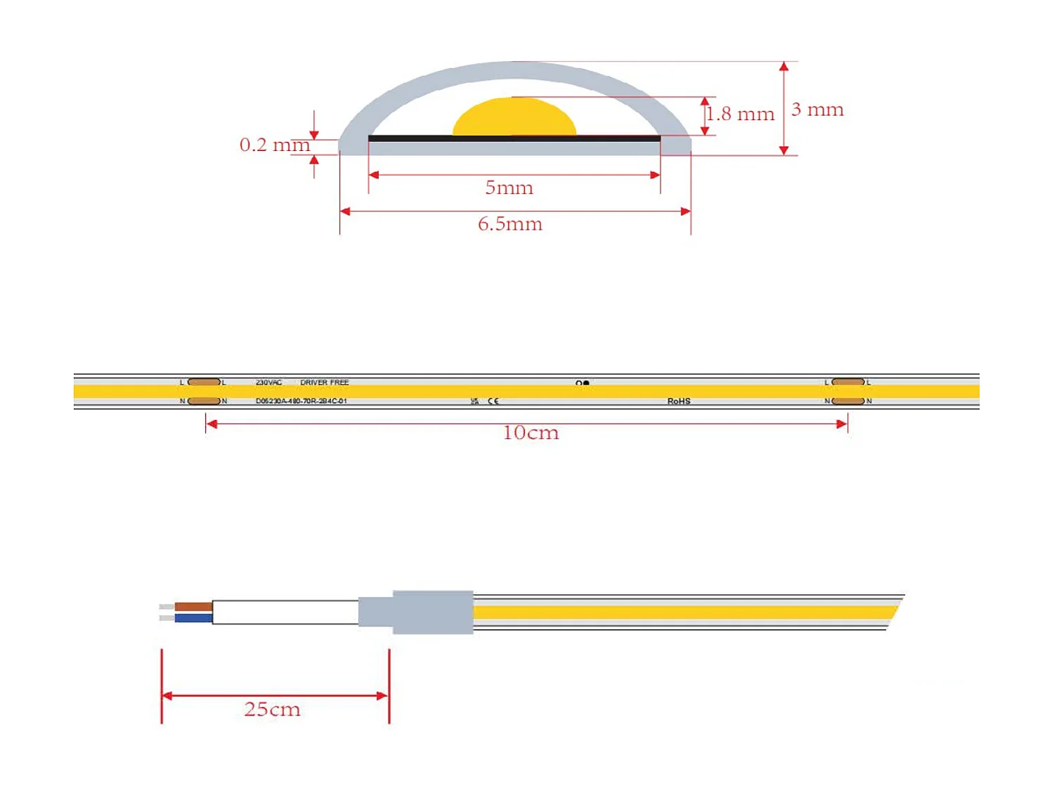 Ruban LED Dimmable 220V COB Auto-redressement 480 LED/m BOBINE 20m 12W/m 900lm/m Super Étroite Largeur 6.5mm Coupe 10cm IP65 4000K Blanc neutre