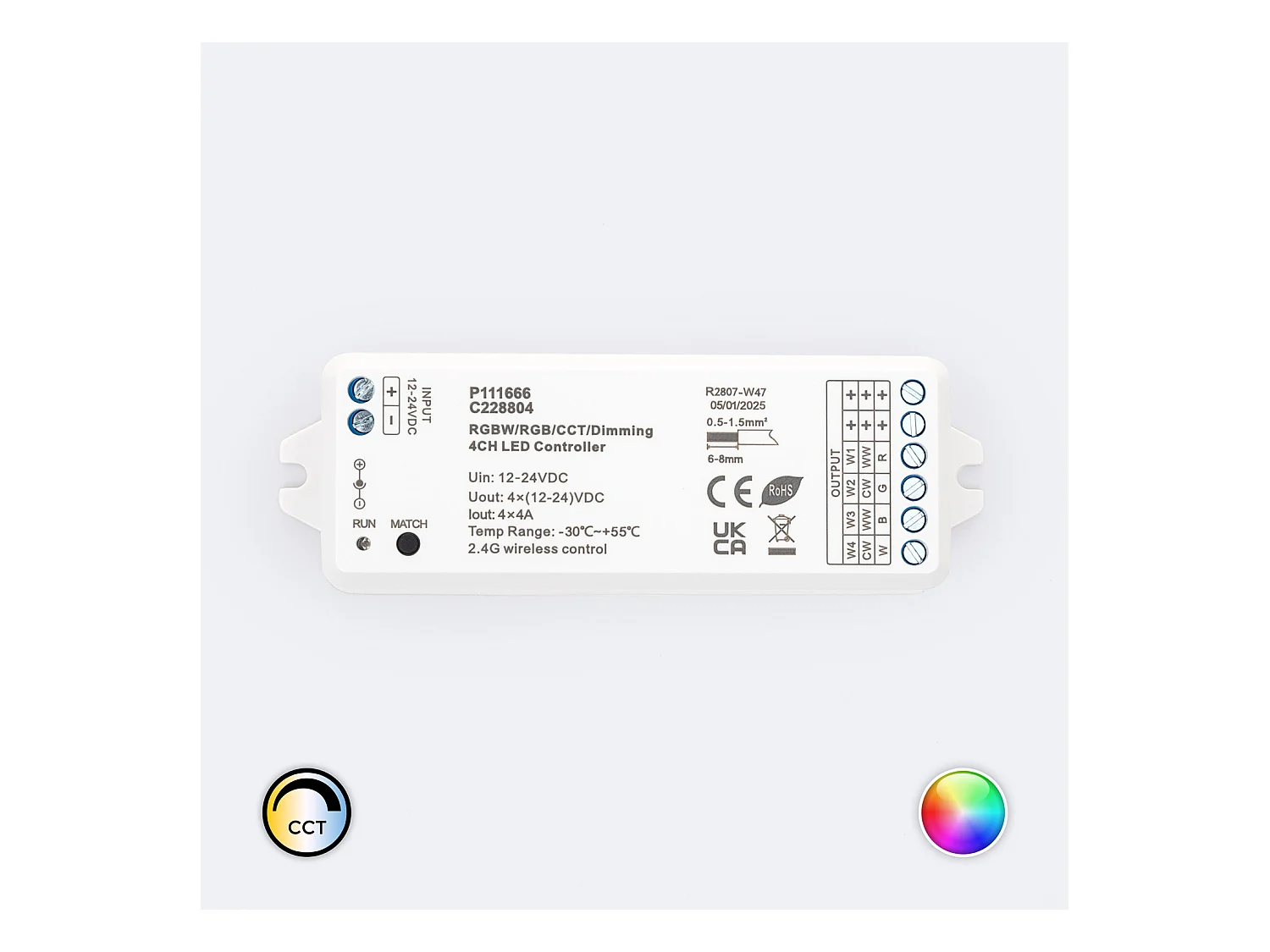 Contrôleur Variateur LED de dernière génération 12/24V DC pour Ruban LED CCT/RGB/RGBW, compatible avec Télécommande RF Monochrome / CCT / RGB / RGBW
