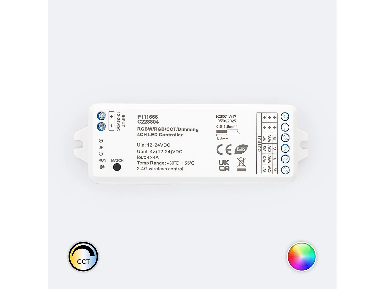 Contrôleur Variateur LED de dernière génération 12/24V DC pour Ruban LED CCT/RGB/RGBW, compatible avec Télécommande RF Monochrome / CCT / RGB / RGBW