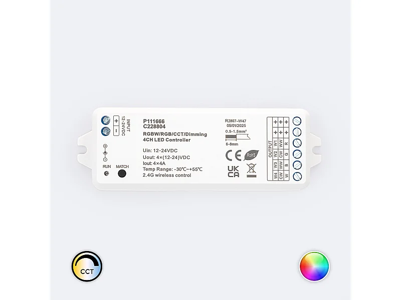 Contrôleur Variateur LED de dernière génération 12/24V DC pour Ruban LED CCT/RGB/RGBW, compatible avec Télécommande RF Monochrome / CCT / RGB / RGBW