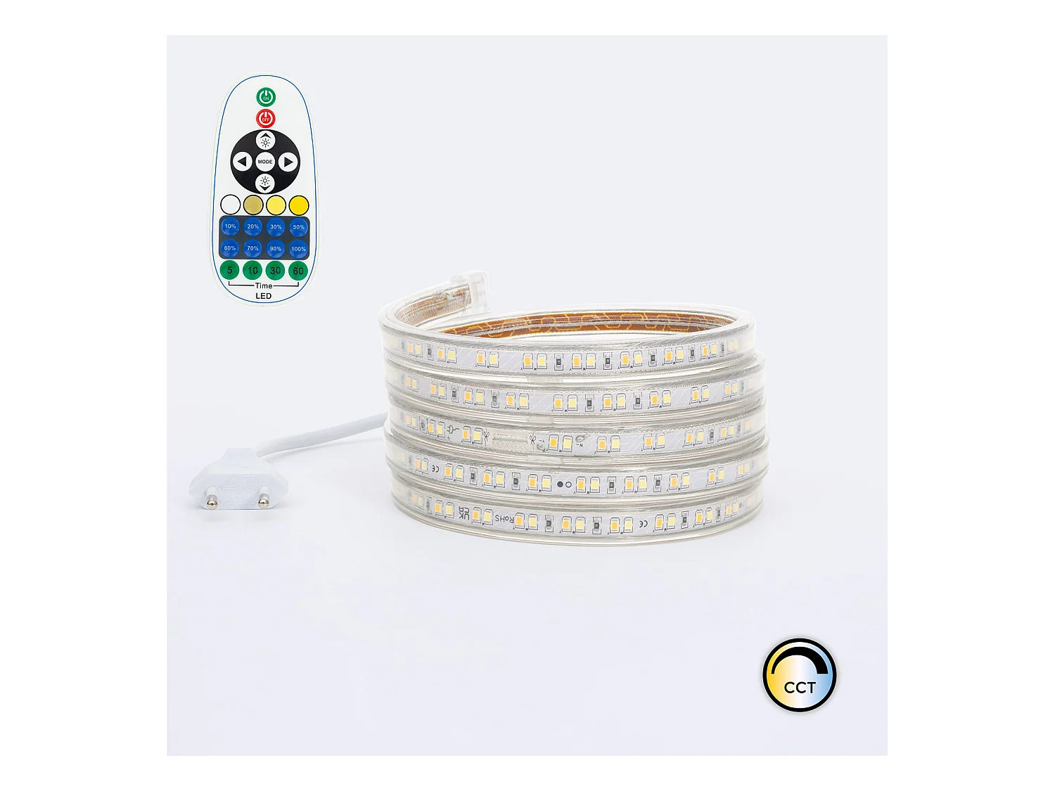 Striscia LED CCT 220V 120 LED/m 10W/m 900lm/m Larga 14mm Taglio 100cm IP65 50 m