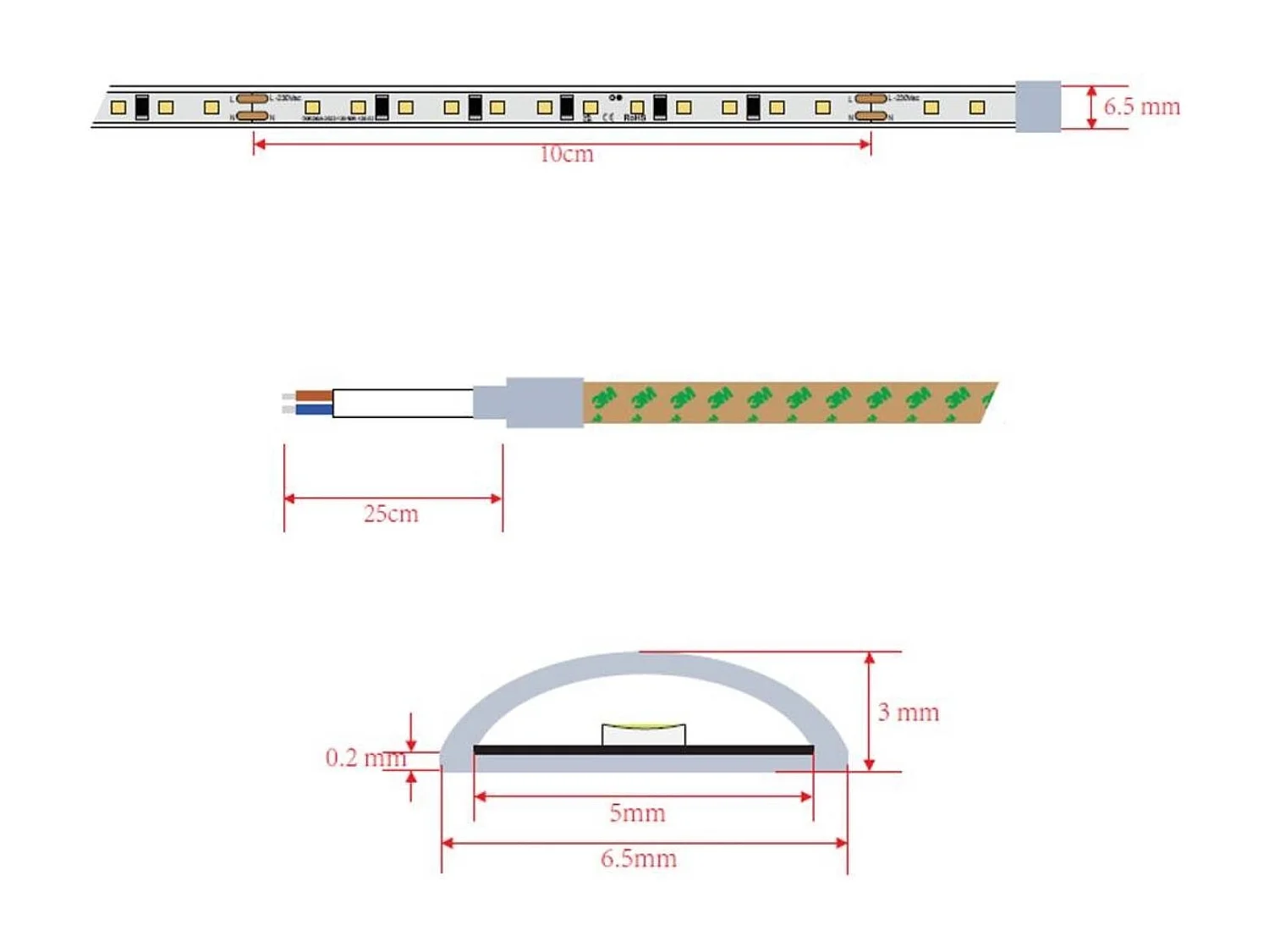 Ruban LED Dimmable 220V SMD Auto-redressement 120 LED/m BOBINE 20m 12W/m 1080lm/m Super Étroite Largeur 6.5mm Coupe 10cm IP65 2200K Super chaud