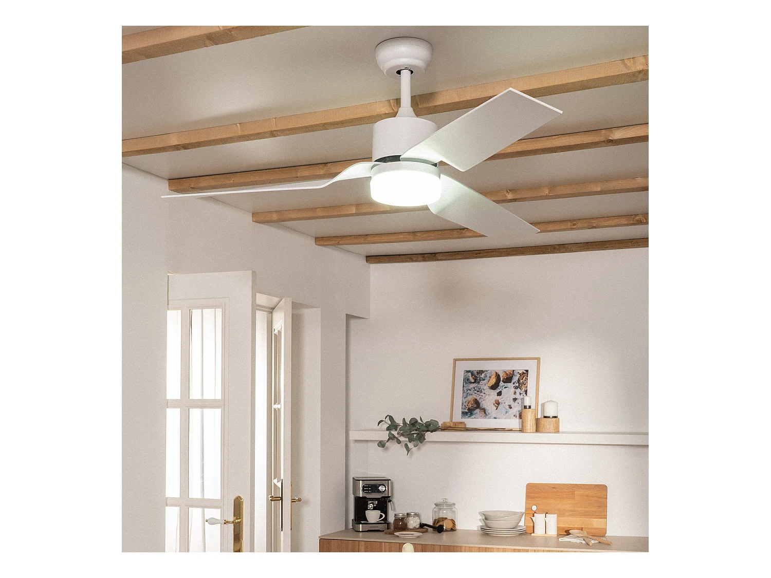 Ventilatore da Soffitto Silenzioso Minimal Bianco 132cm Motore DC Bianco Con Luce, Telecomando, Wifi: True