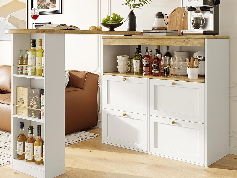 Buffet, Mobile bar girevole e retrattile - 4 cassetti e 4 scomparti - Bianco