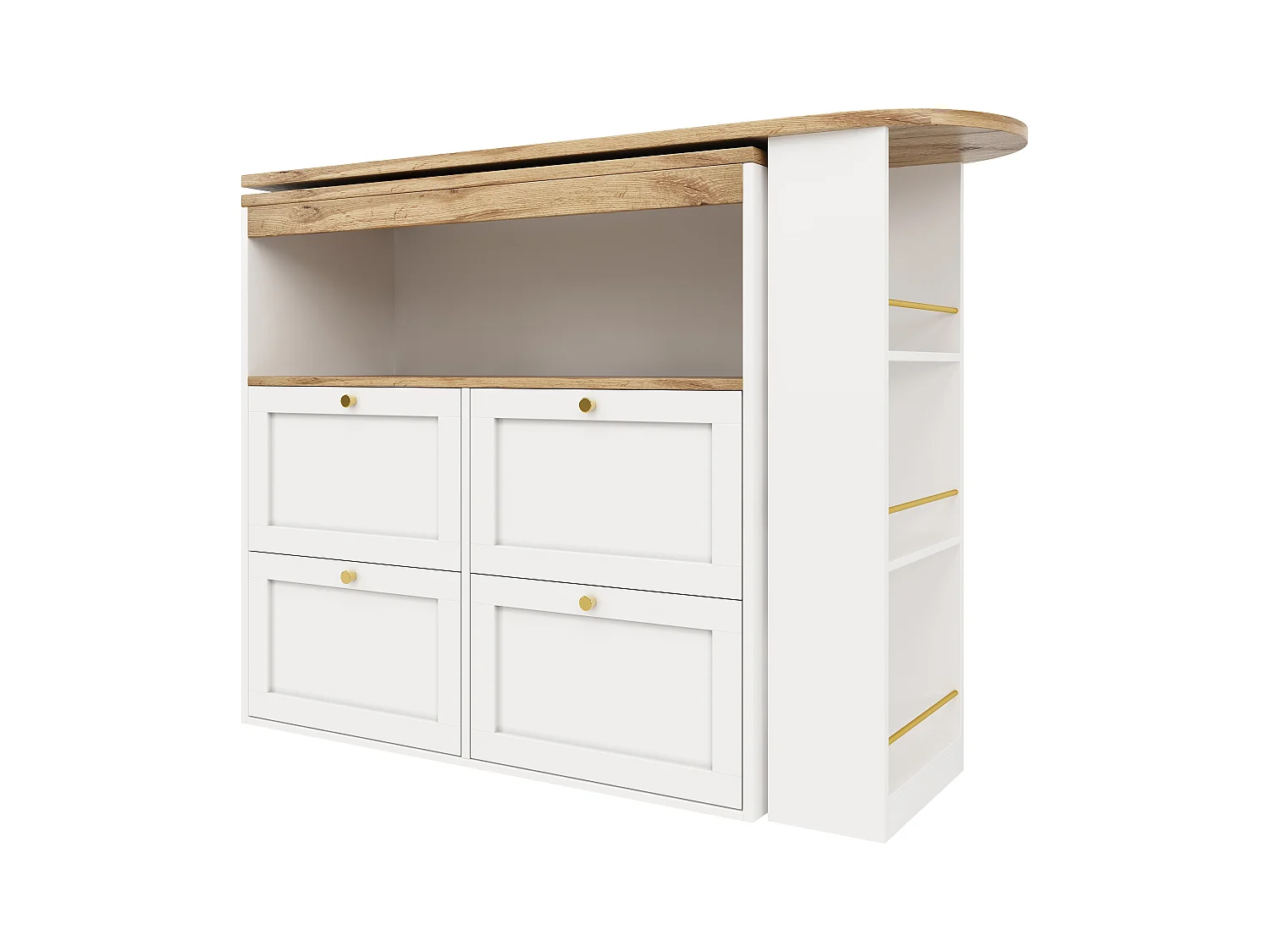 Anrichte, Dreh- und ausklappbare Bar-Kommode - 4 Schubladen und 4 Fächer - Weiß