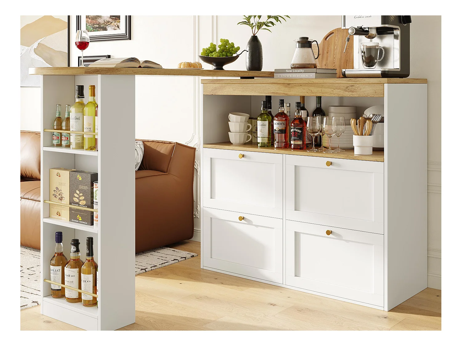 Buffet，Meuble de bar pivotant et escamotable - 4 tiroirs et 4 compartiments - Blanc