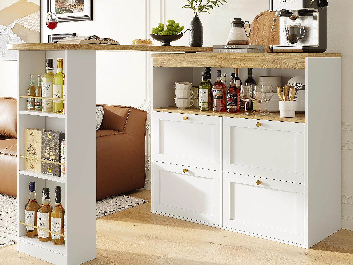 Anrichte, Dreh- und ausklappbare Bar-Kommode - 4 Schubladen und 4 Fächer - Weiß