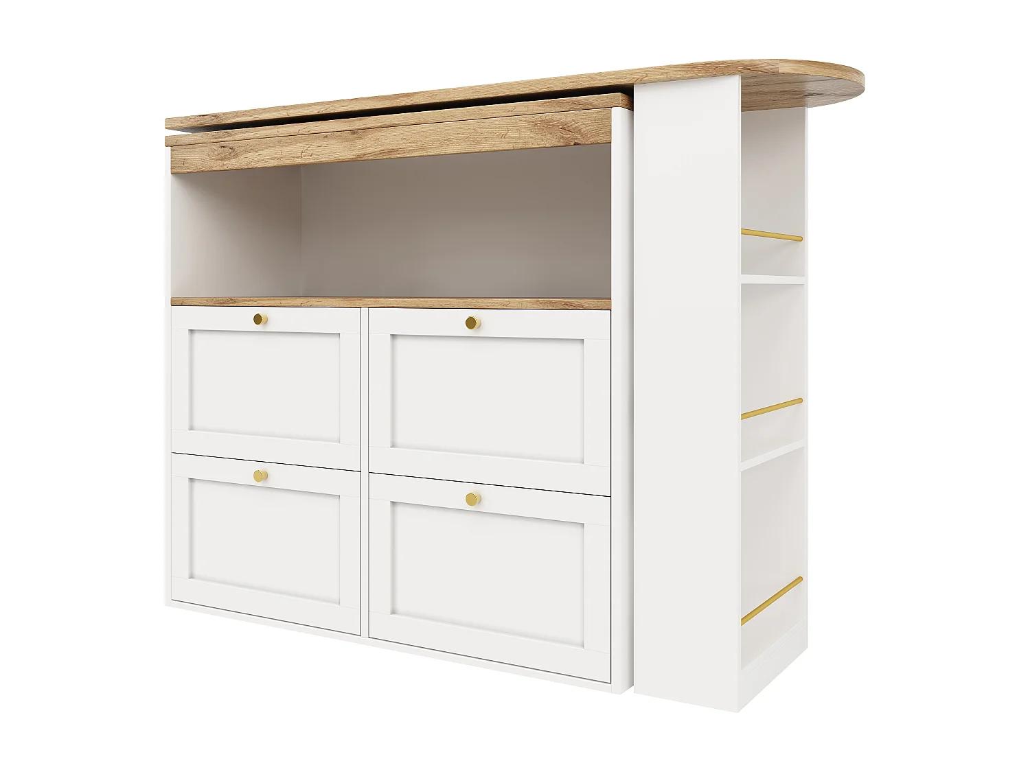 Anrichte, Dreh- und ausklappbare Bar-Kommode - 4 Schubladen und 4 Fächer - Weiß