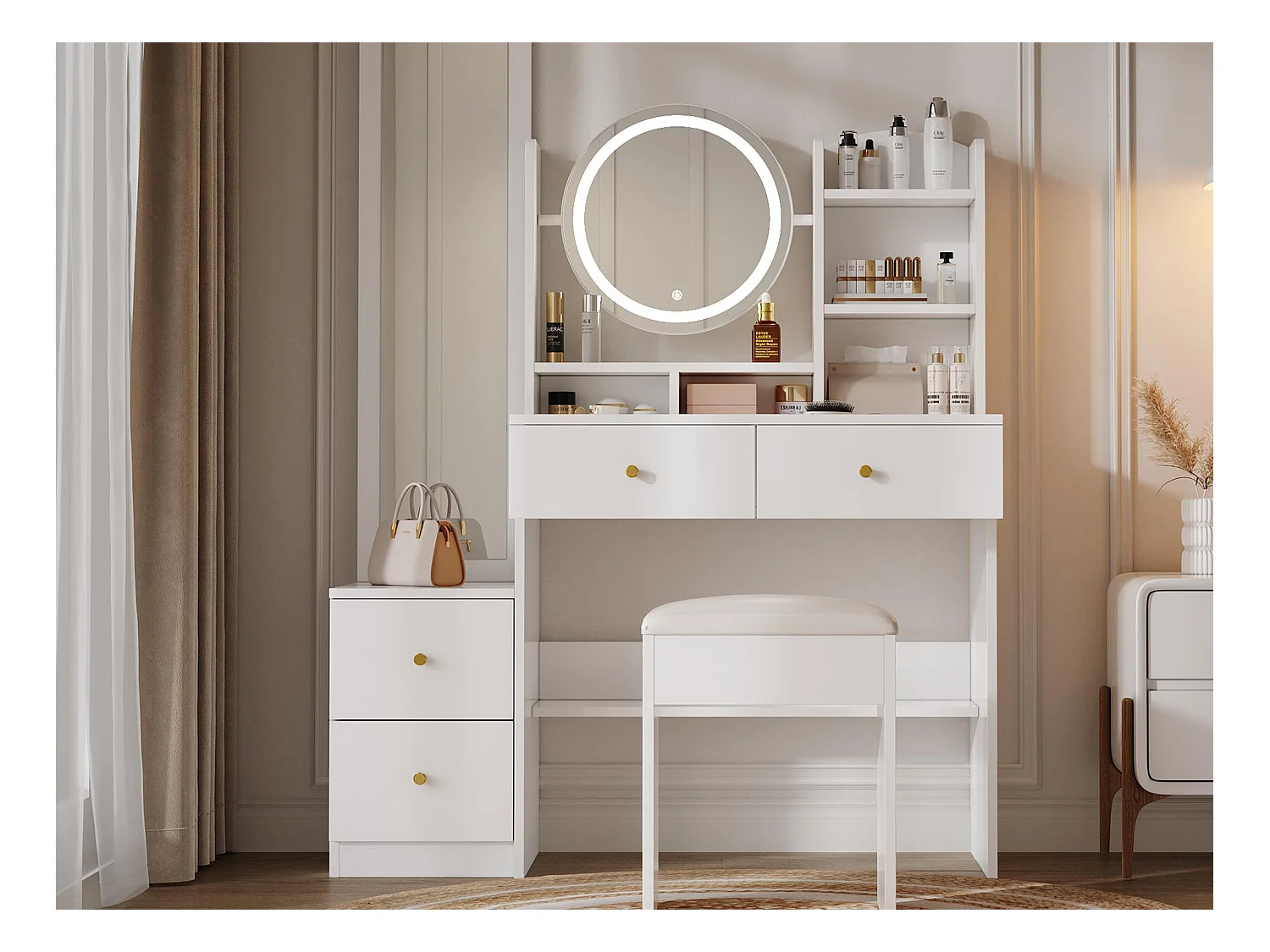 Toaletka z lustrem - z taboretem - z regulowanym oświetleniem LED - z 4 szufladami - biała