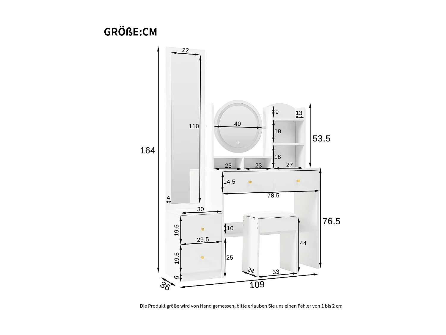 Coiffeuse avec miroir - avec tabouret - avec éclairage LED - avec luminosité réglable - avec 4 tiroirs - blanc
