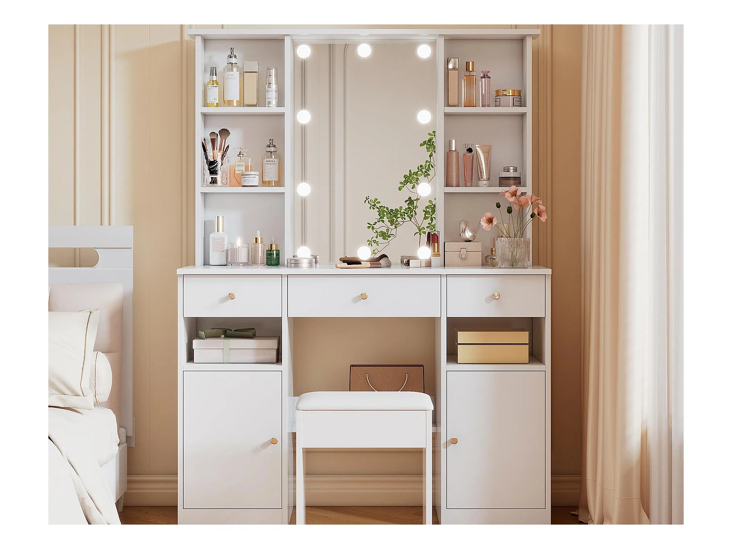 Kaptafel met spiegel - met krukje - met verstelbare LED-verlichting - 2 deuren en 3 laden - wit