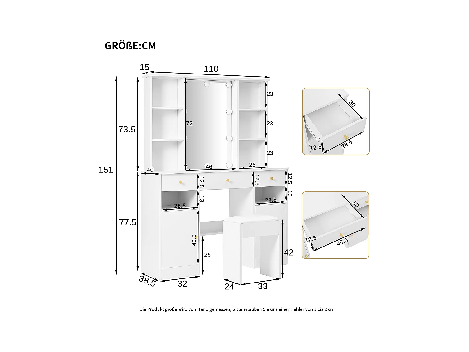 Kaptafel met spiegel - met krukje - met verstelbare LED-verlichting - 2 deuren en 3 laden - wit