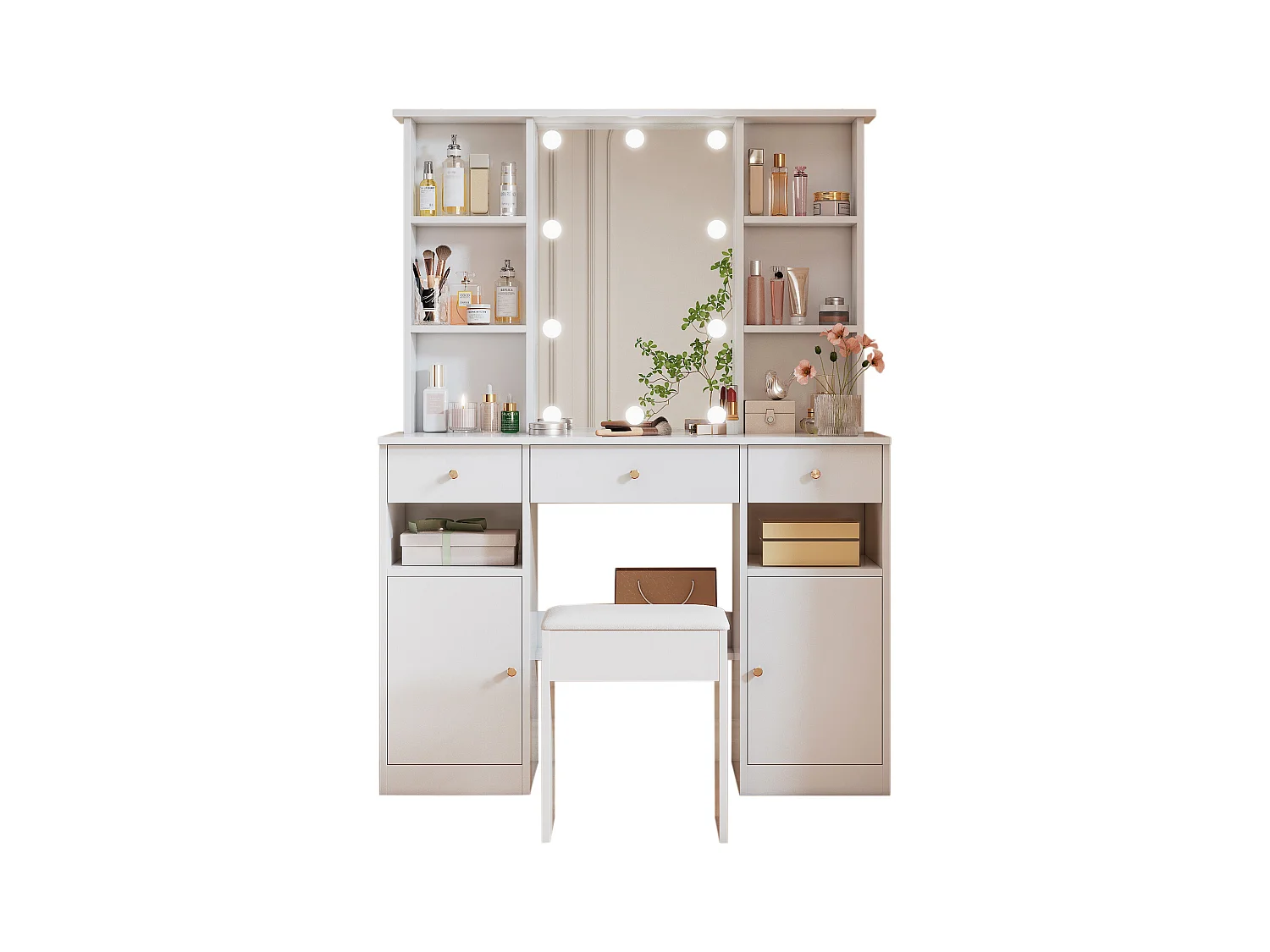 Kaptafel met spiegel - met krukje - met verstelbare LED-verlichting - 2 deuren en 3 laden - wit
