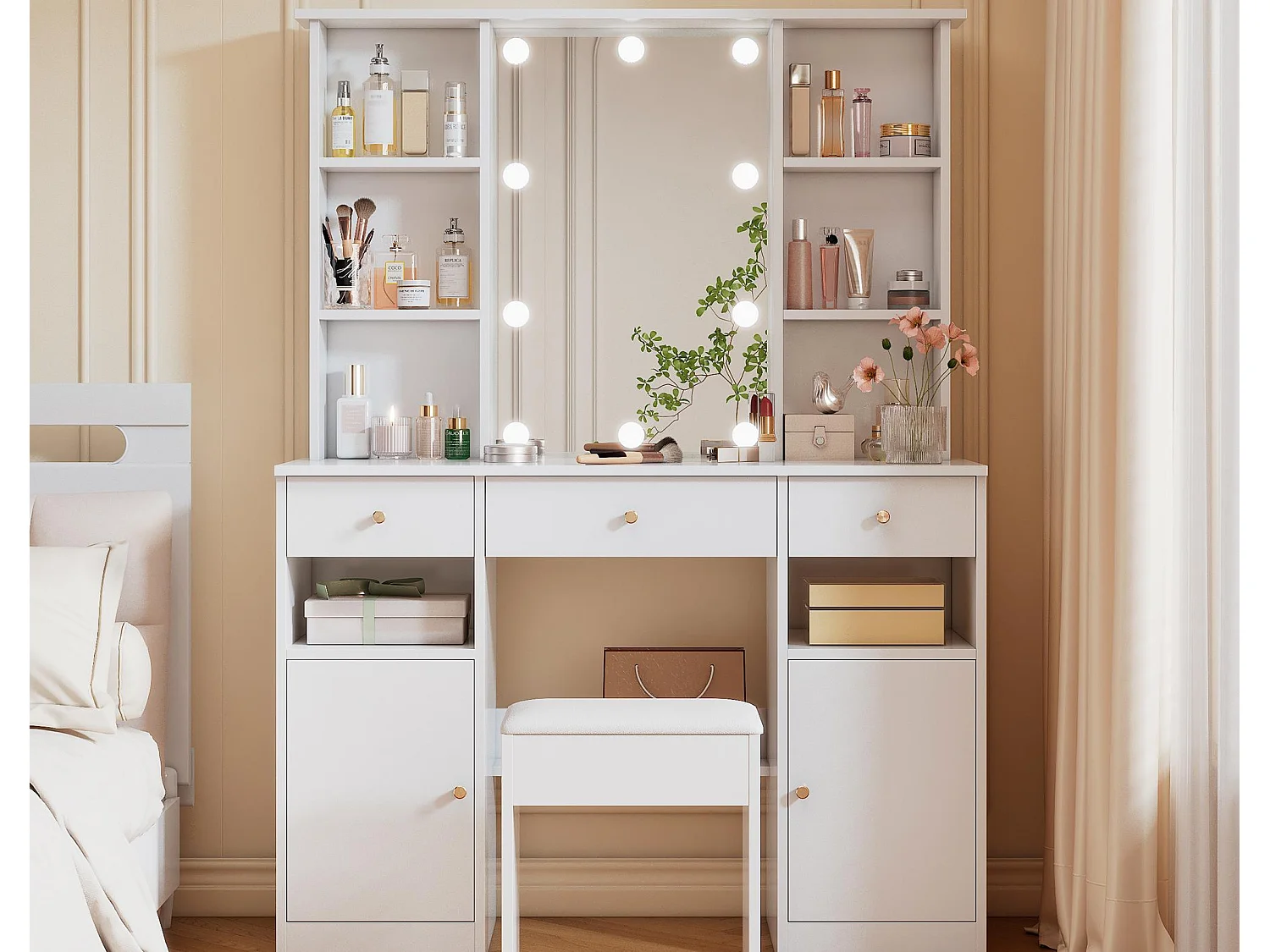 Coiffeuse avec miroir - avec tabouret - avec éclairage LED - avec luminosité réglable - 2 portes et 3 tiroirs - blanc