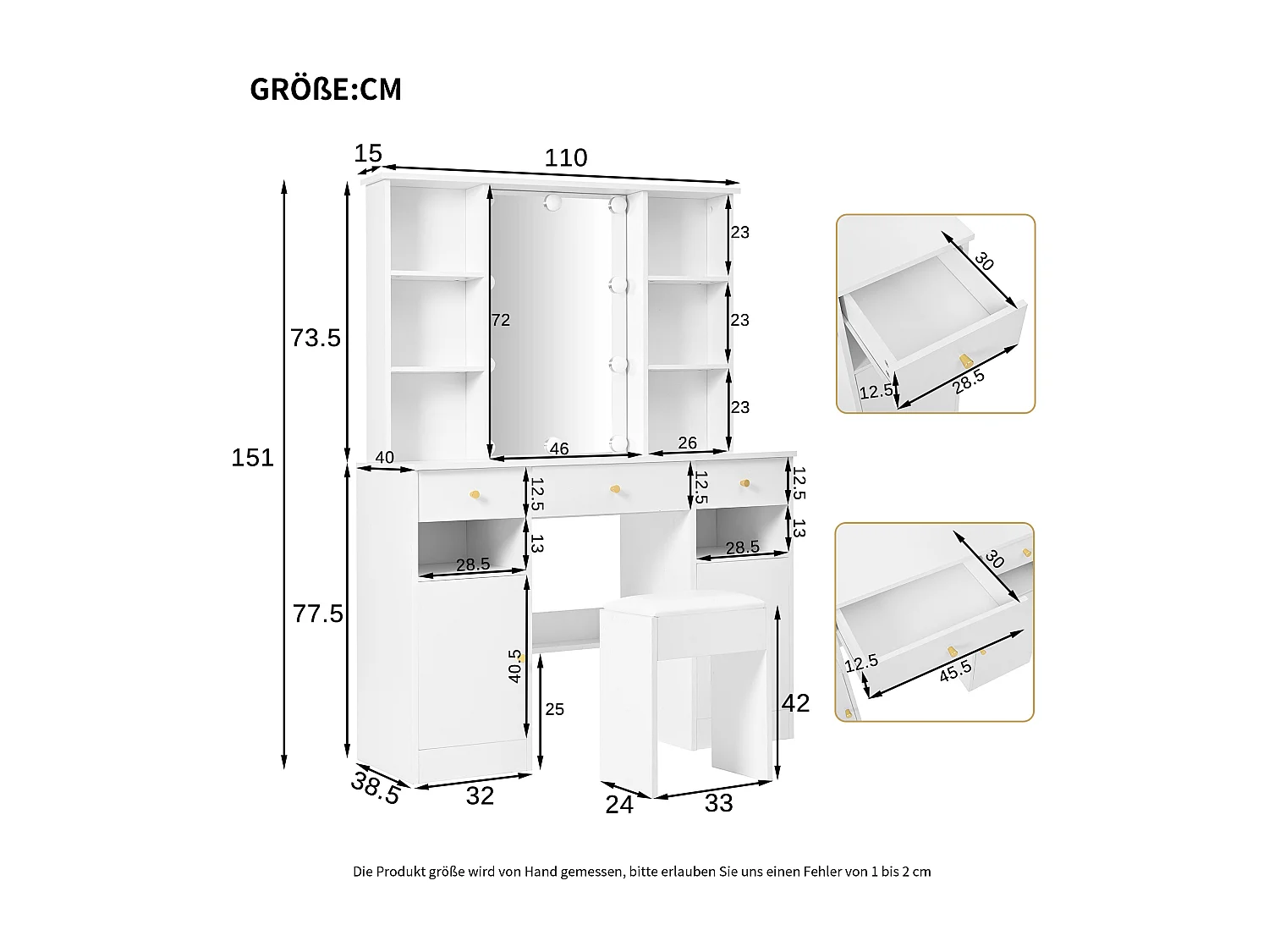Coiffeuse avec miroir - avec tabouret - avec éclairage LED - avec luminosité réglable - 2 portes et 3 tiroirs - blanc