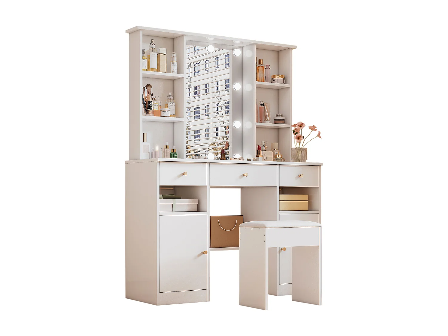 Coiffeuse avec miroir - avec tabouret - avec éclairage LED - avec luminosité réglable - 2 portes et 3 tiroirs - blanc