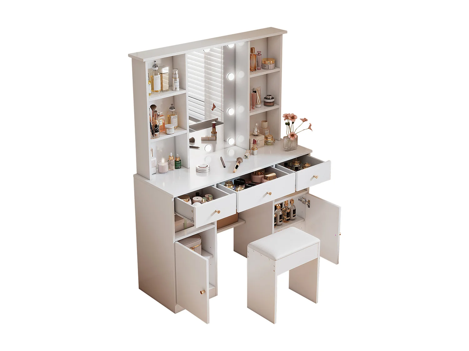 Coiffeuse avec miroir - avec tabouret - avec éclairage LED - avec luminosité réglable - 2 portes et 3 tiroirs - blanc