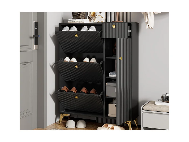 Moderner Schuhschrank 90×25×121 cm - 1 Tür & 1 Schublade - 3 Faltüren - schwarz