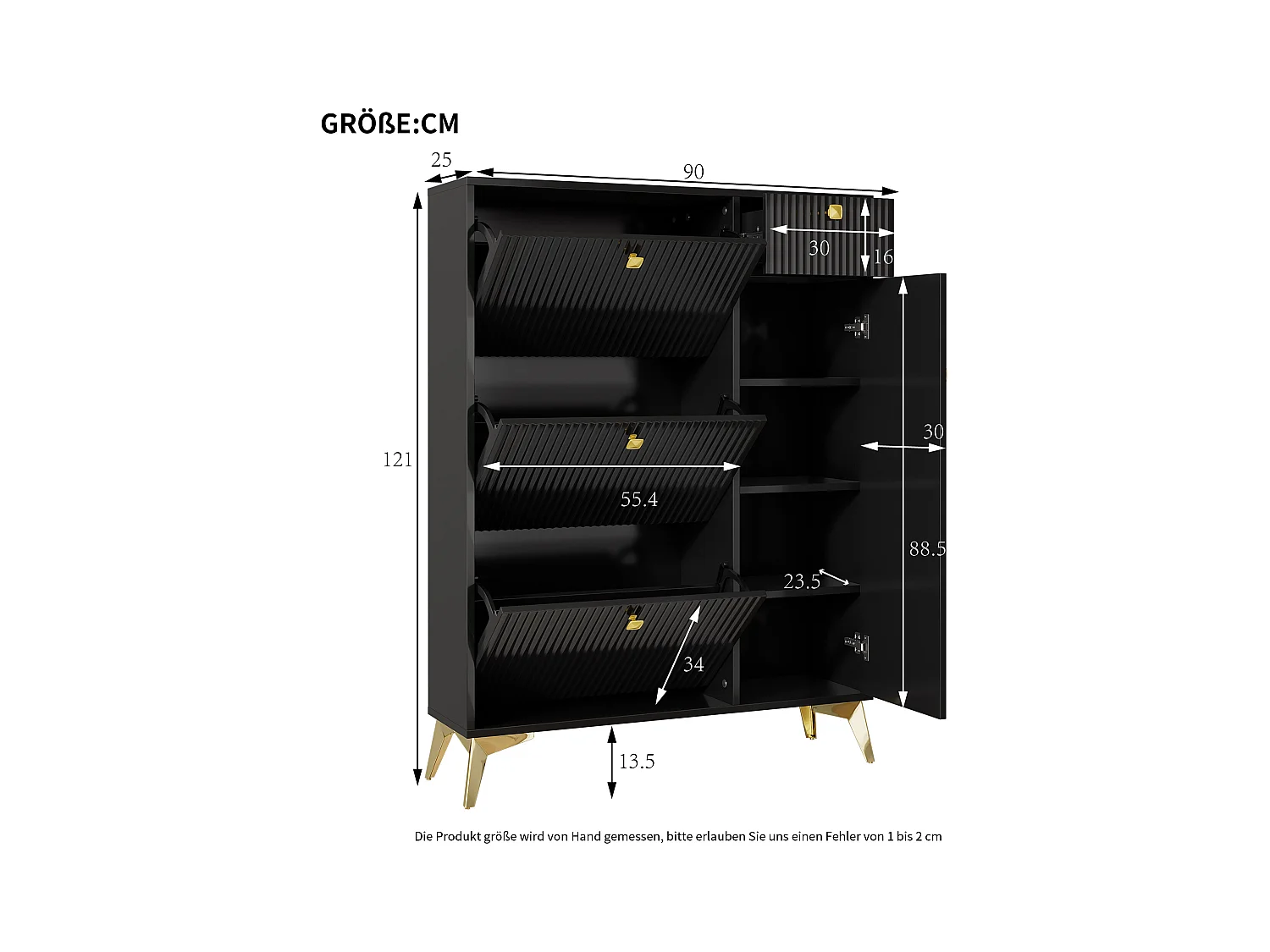 Modern schoenmeubel 90×25×121 cm - 1 deur en 1 la - 3 vouwdeuren - zwart