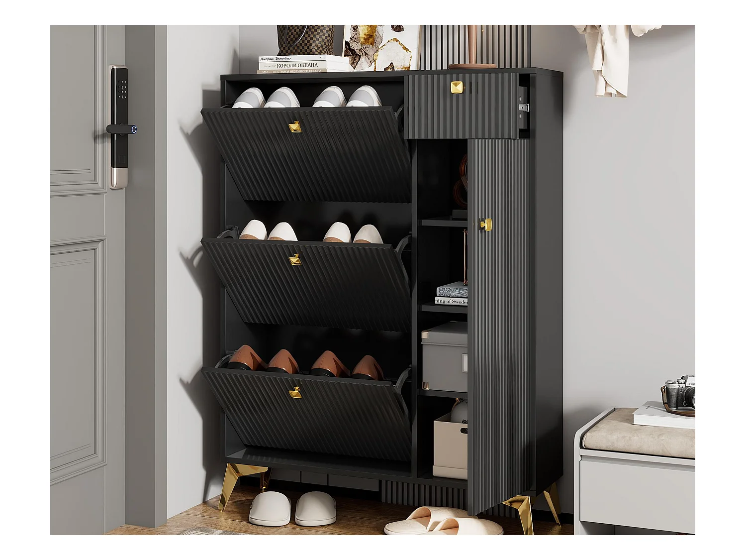 Meuble à chaussures moderne 90x25x121cm - 1 porte et 1 tiroir - 3 portes pliantes - Noir