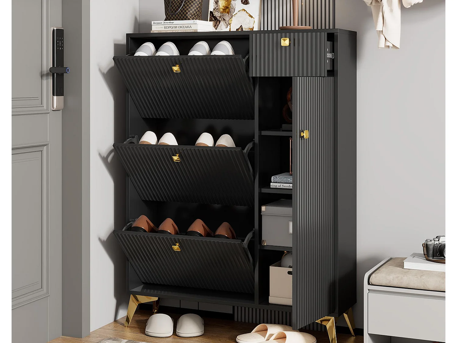 Armário de sapatos moderno 90×25×121 cm - 1 porta e 1 gaveta - 3 portas dobráveis - preto