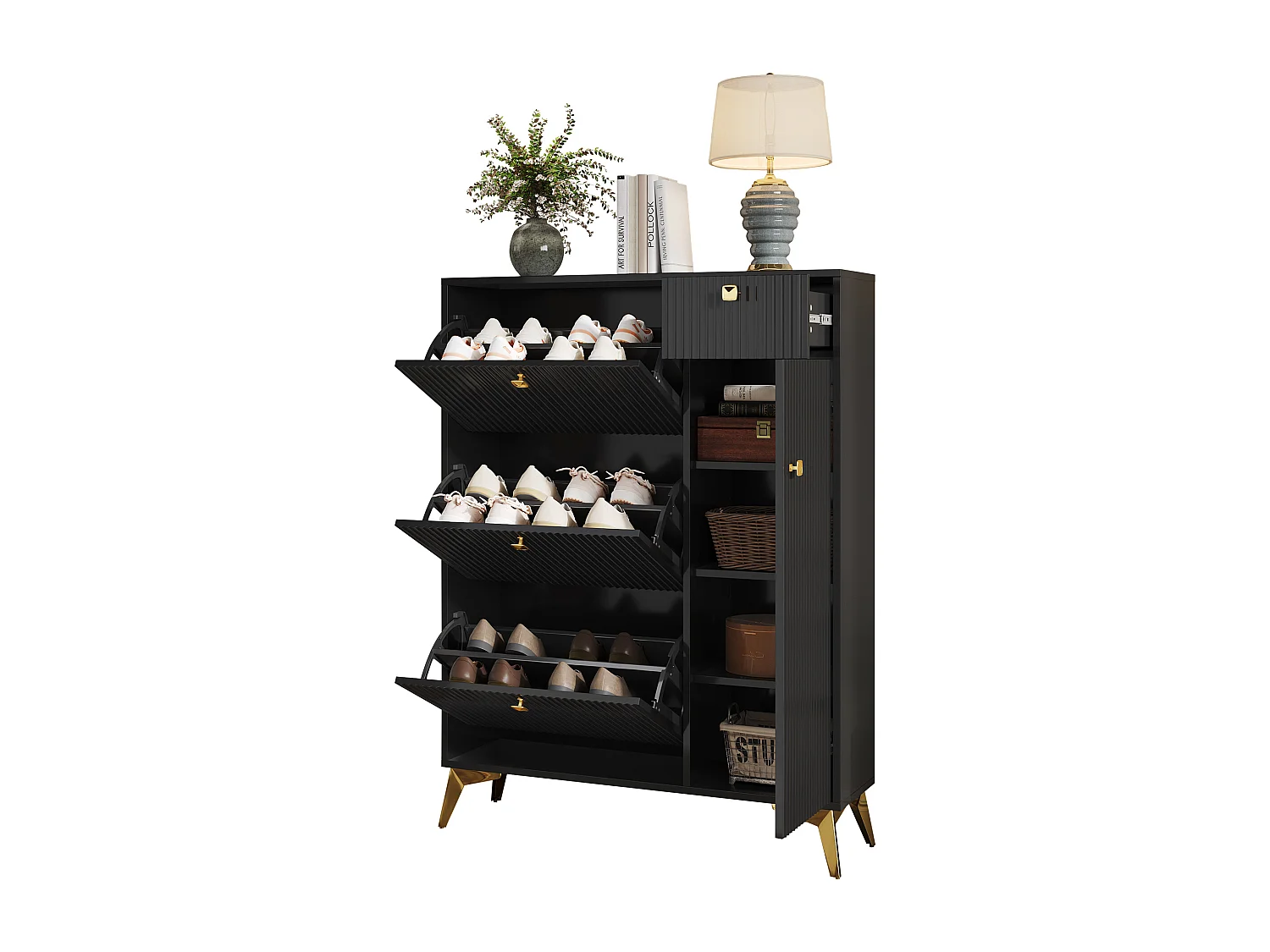 Modern Shoe Cabinet 90x25x121cm - 1 Door and 1 Drawer - 3 Drop-Down Doors - Black