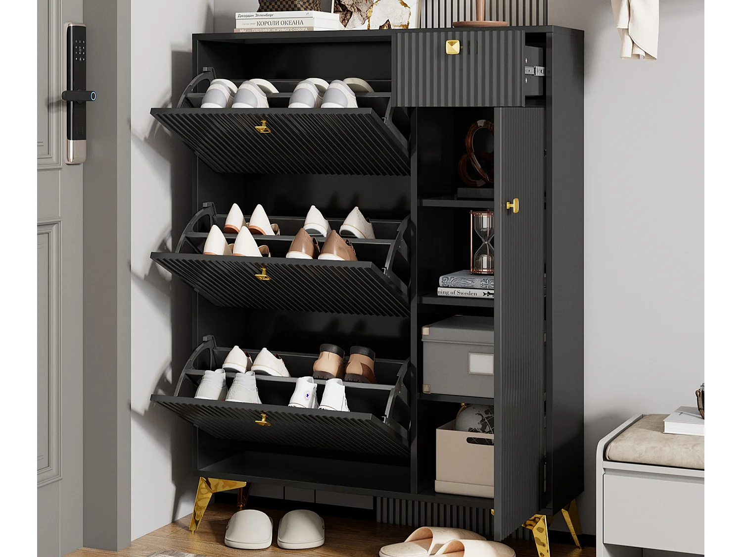 Modern Shoe Cabinet 90x25x121cm - 1 Door and 1 Drawer - 3 Drop-Down Doors - Black