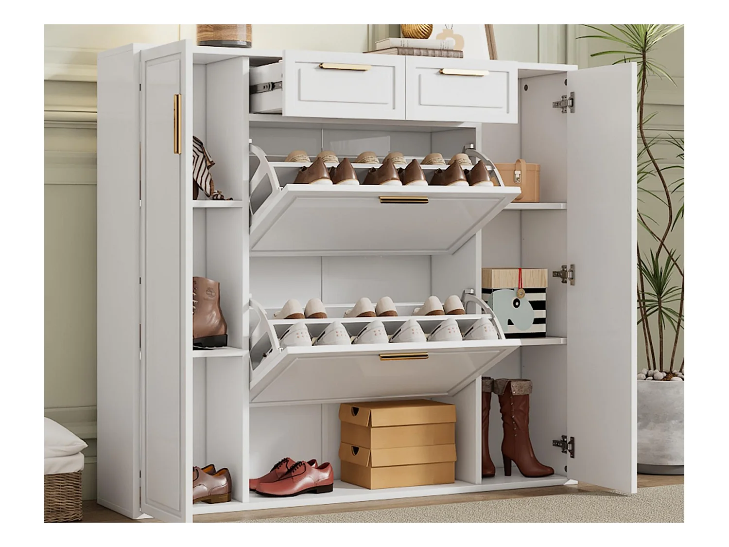 Meuble à chaussures moderne 120x24x107cm - 2 portes et 2 tiroirs - 2 portes abattants - Blanc