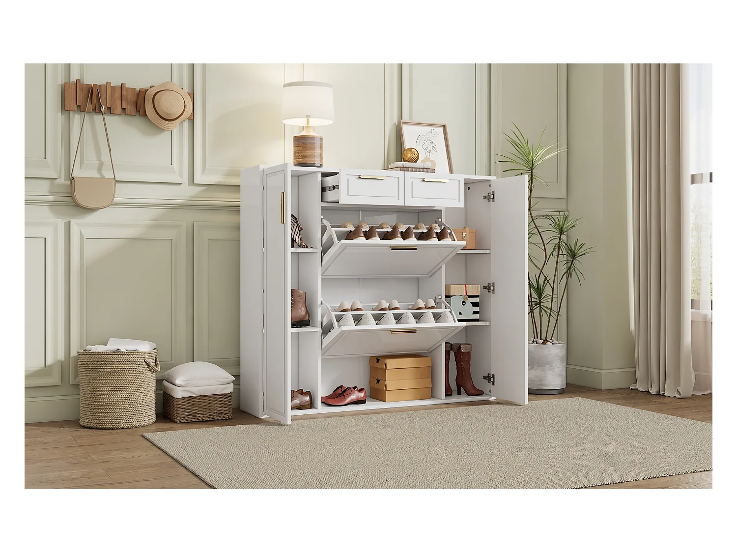 Meuble à chaussures moderne 120x24x107cm - 2 portes et 2 tiroirs - 2 portes abattants - Blanc