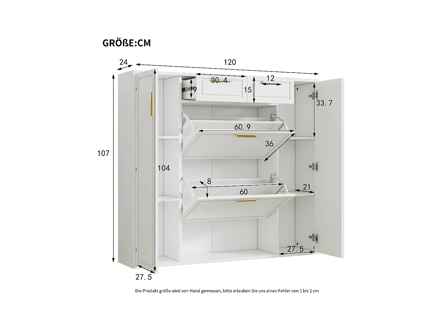 Meuble à chaussures moderne 120x24x107cm - 2 portes et 2 tiroirs - 2 portes abattants - Blanc