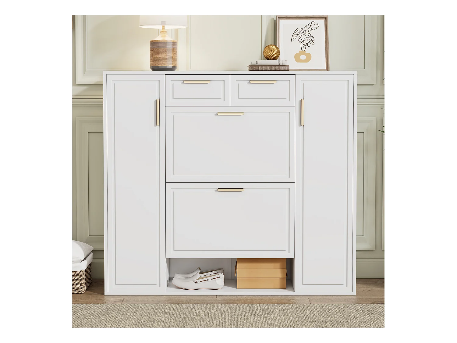 Meuble à chaussures moderne 120x24x107cm - 2 portes et 2 tiroirs - 2 portes abattants - Blanc