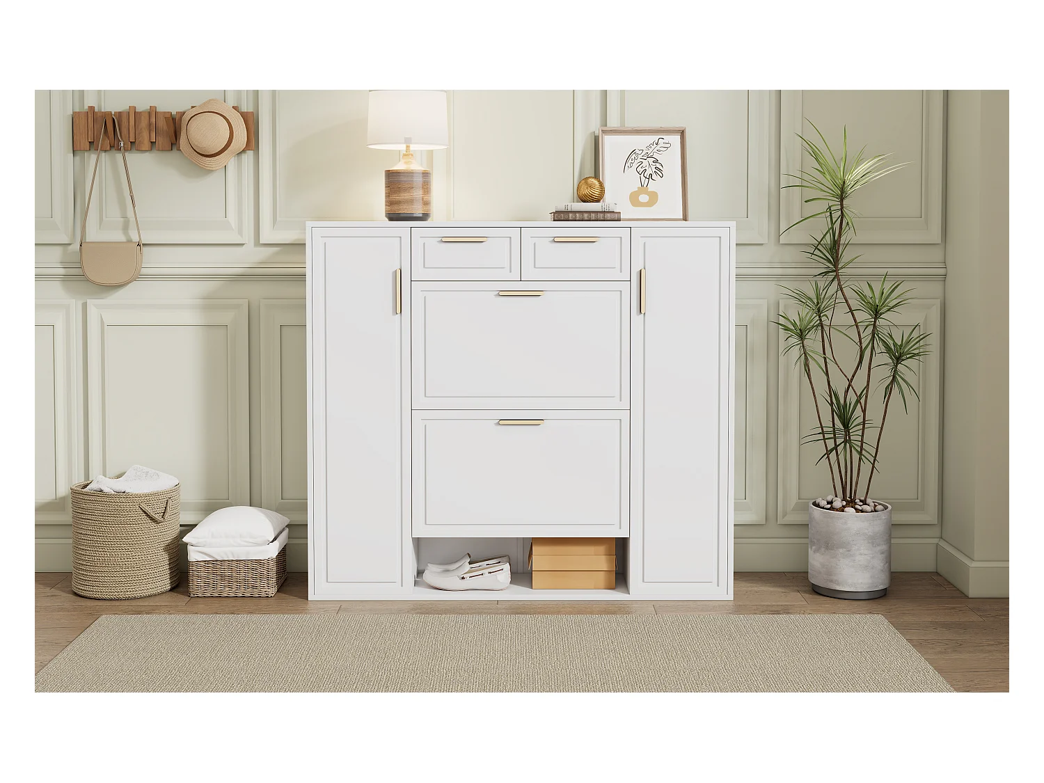 Meuble à chaussures moderne 120x24x107cm - 2 portes et 2 tiroirs - 2 portes abattants - Blanc