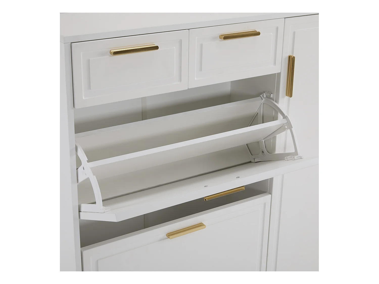 Meuble à chaussures moderne 120x24x107cm - 2 portes et 2 tiroirs - 2 portes abattants - Blanc