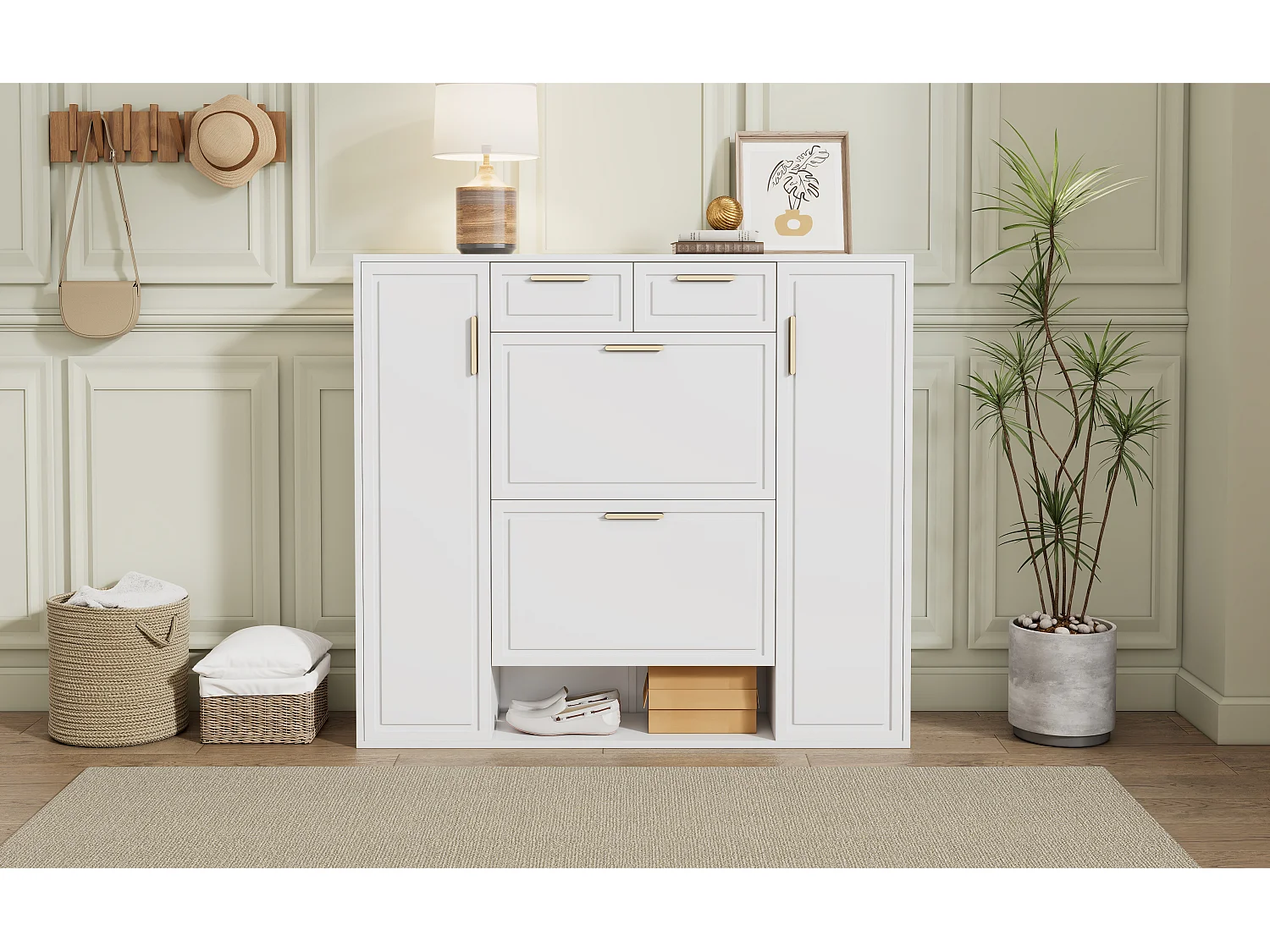 Meuble à chaussures moderne 120x24x107cm - 2 portes et 2 tiroirs - 2 portes abattants - Blanc