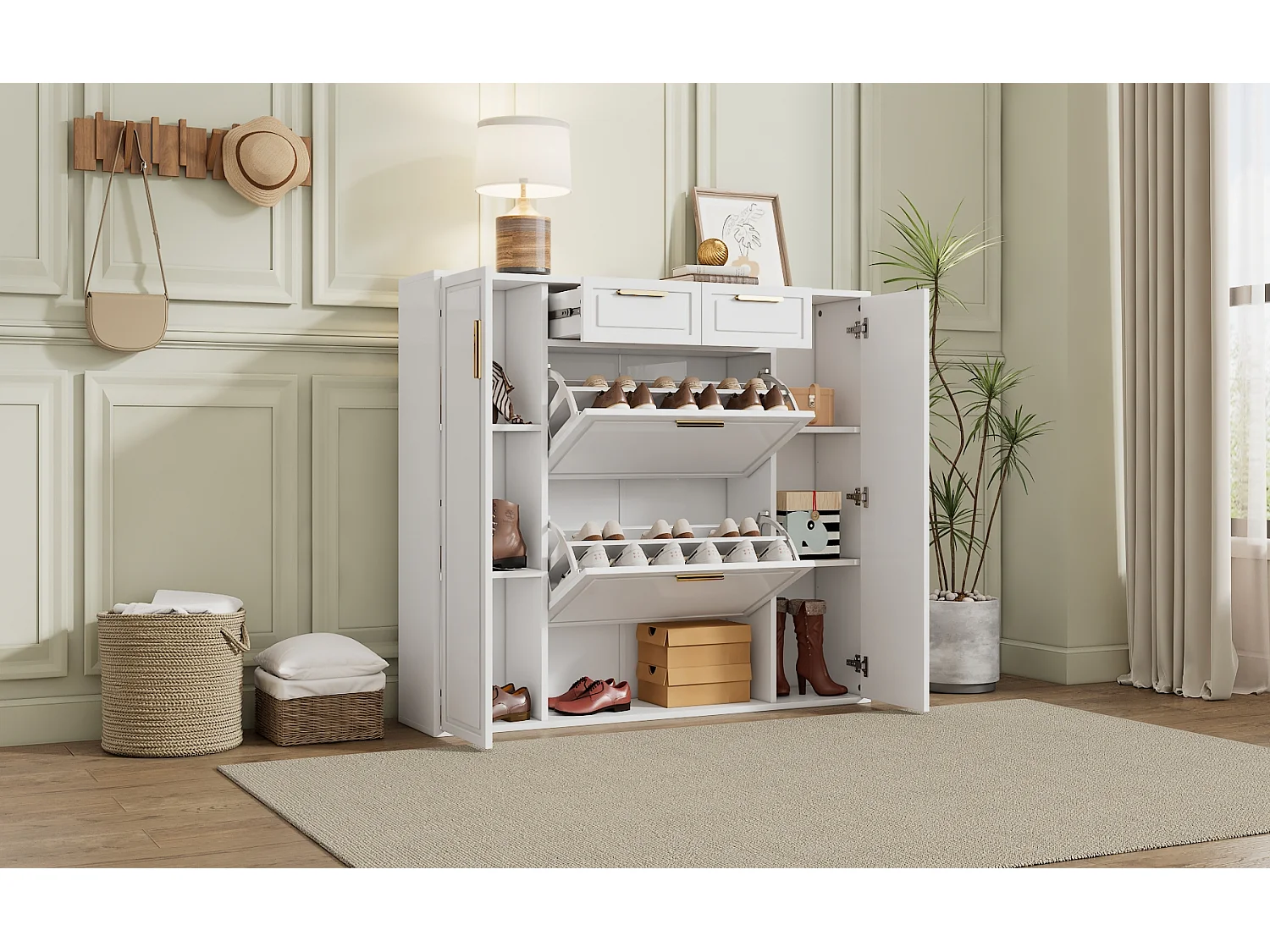 Meuble à chaussures moderne 120x24x107cm - 2 portes et 2 tiroirs - 2 portes abattants - Blanc