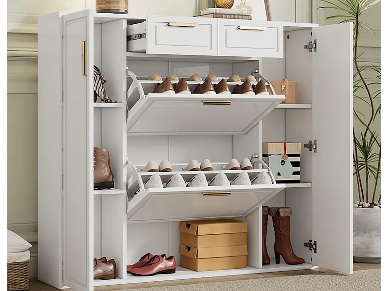 Nowoczesna szafa na buty 120×24×107 cm - 2 drzwi i 2 szuflady - 2 drzwi uchylne - biały
