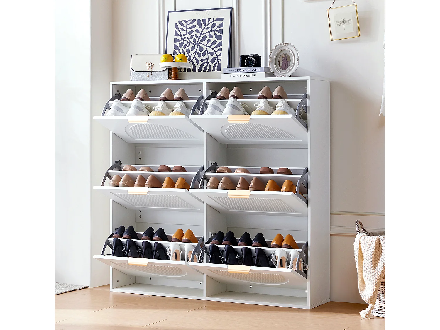 Moderne schoenenkast 118x25x115 cm - met 6 neerklapbare deuren - Wit