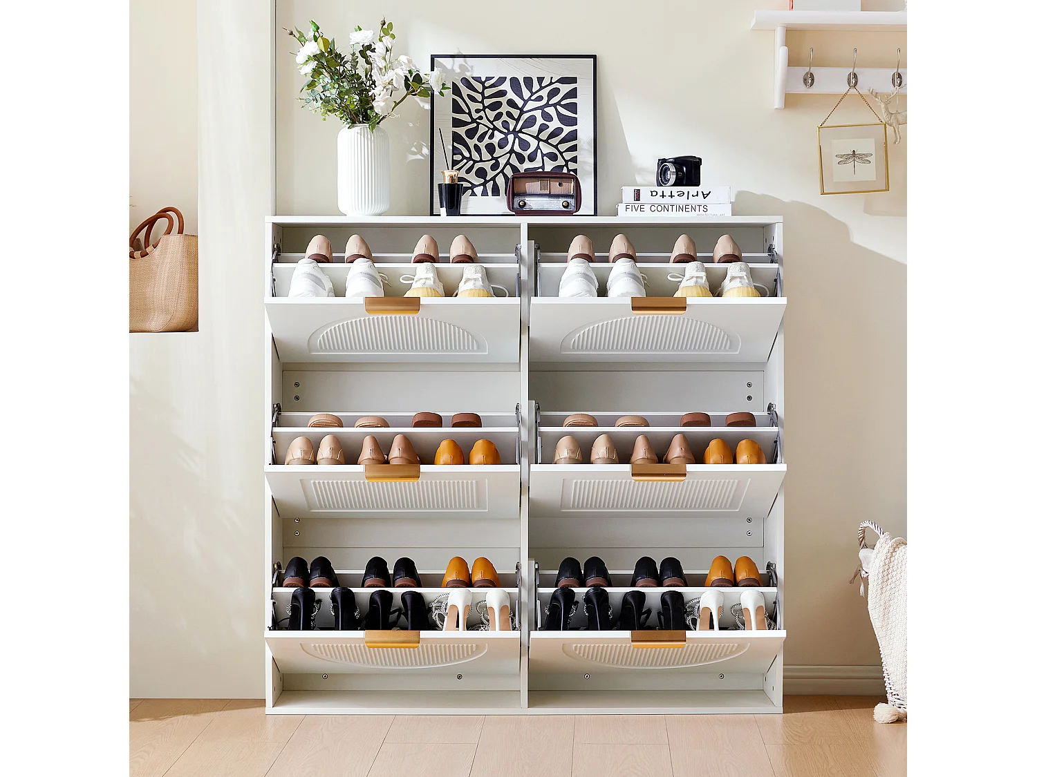 Moderne schoenenkast 118x25x115 cm - met 6 neerklapbare deuren - Wit