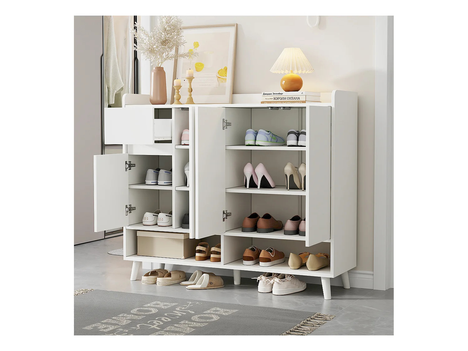 Meuble à chaussures moderne 120x35x99cm - 4 portes et 1 tiroir - Blanc