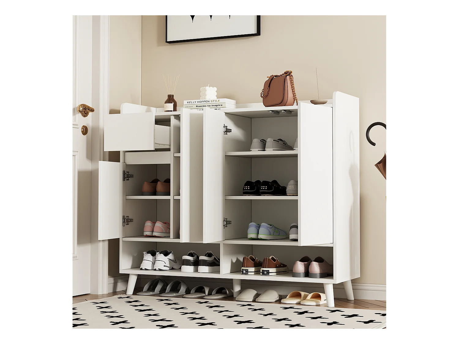 Meuble à chaussures moderne 120x35x99cm - 4 portes et 1 tiroir - Blanc