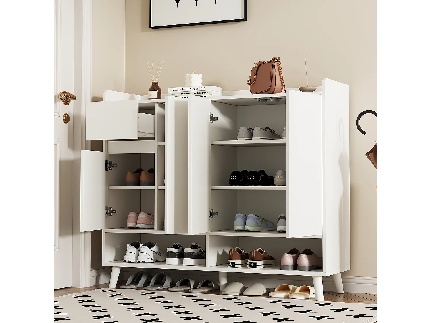 Meuble à chaussures moderne 120x35x99cm - 4 portes et 1 tiroir - Blanc