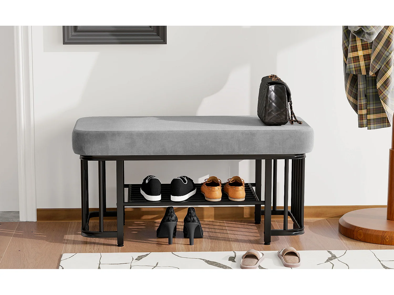 Armário de sapatos 80×35×39.5 cm - com prateleiras abertas - preto+cinza