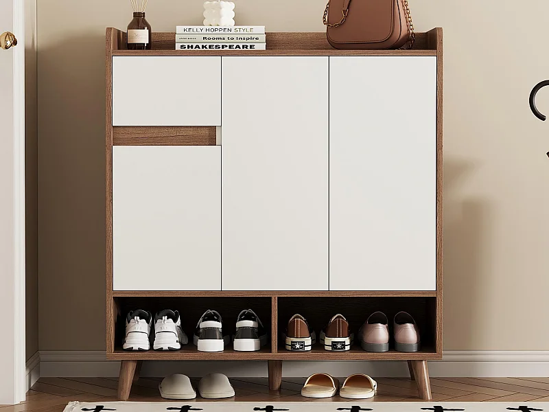 Nowoczesna szafa na buty 90×35×99 cm - 3 drzwi i 1 szuflada - biały+brązowy