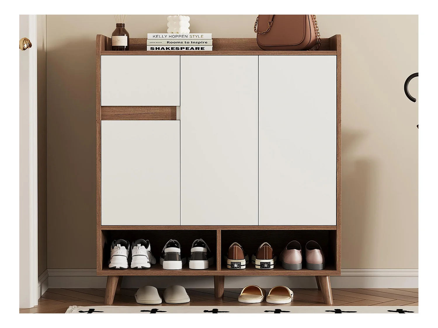 Meuble à chaussures moderne 90x35x99cm - 3 portes et 1 tiroir - Blanc+Marron