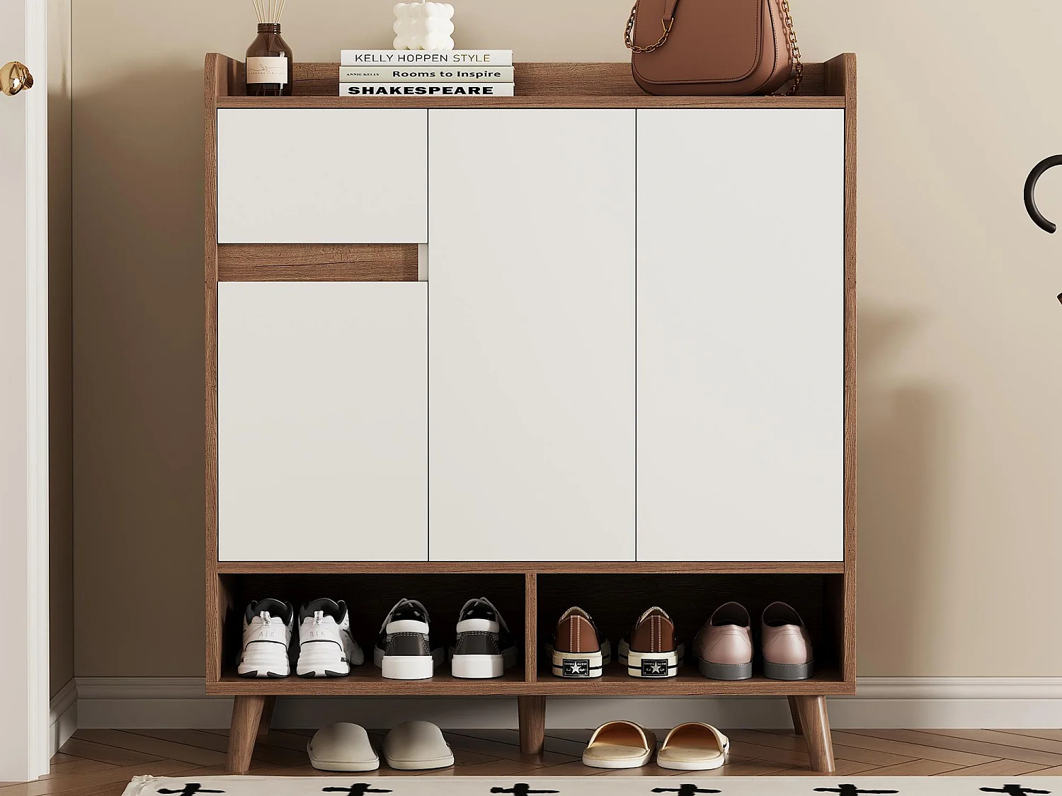 Meuble à chaussures moderne 90x35x99cm - 3 portes et 1 tiroir - Blanc+Marron